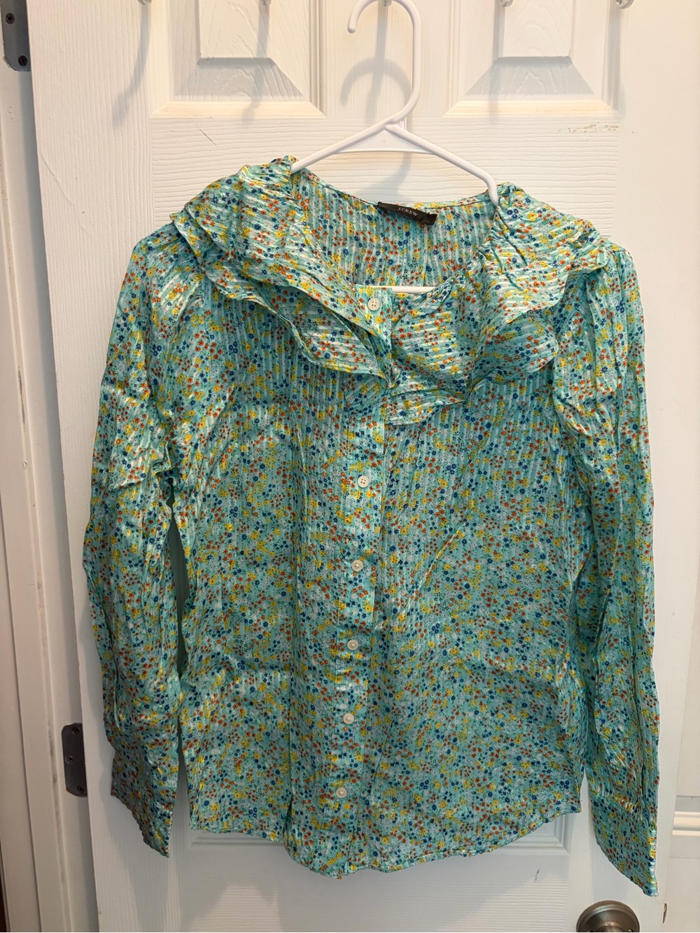 J crew Light Blue Floral Ruffle Button-Up Shirt